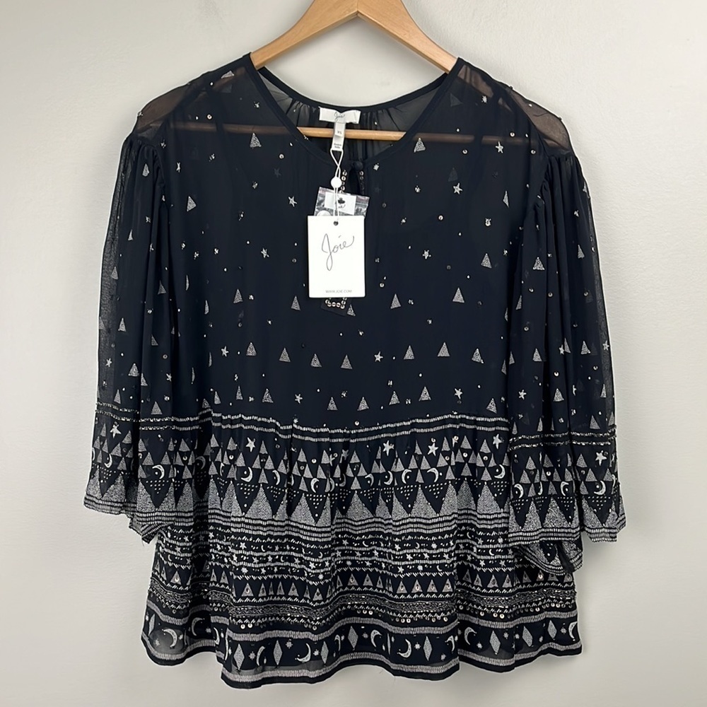 Joie Verena Celestial Sequin Moon Stars Silk Top